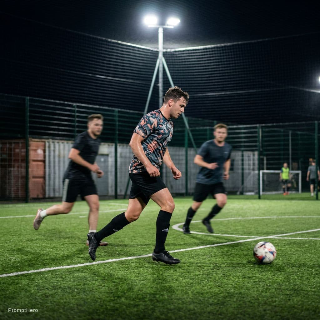 AI generated: Add me in a Five-a-side artificial turf football pitch playing with my friends wearing the uploaded ...