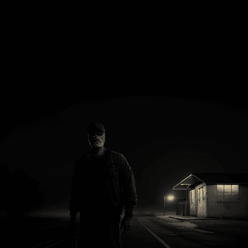 AI generated: david fincher style, man, veteran, 45 years old, outside of a rusty rv, next to abandoned gas statio...