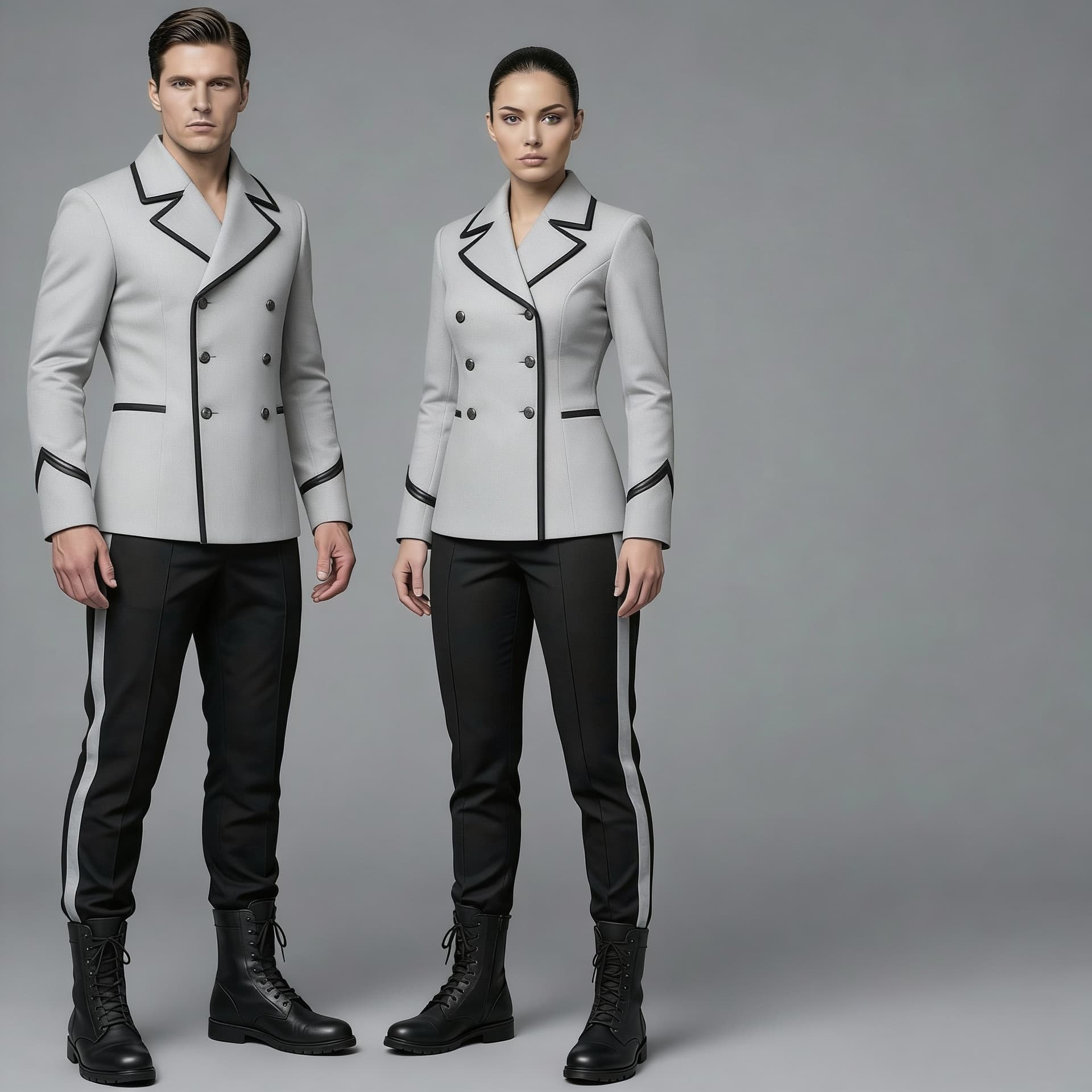 AI generated: Create a Sci-Fi uniform. Use the reference image and turn all red to Grey. The color of the uniform ...
