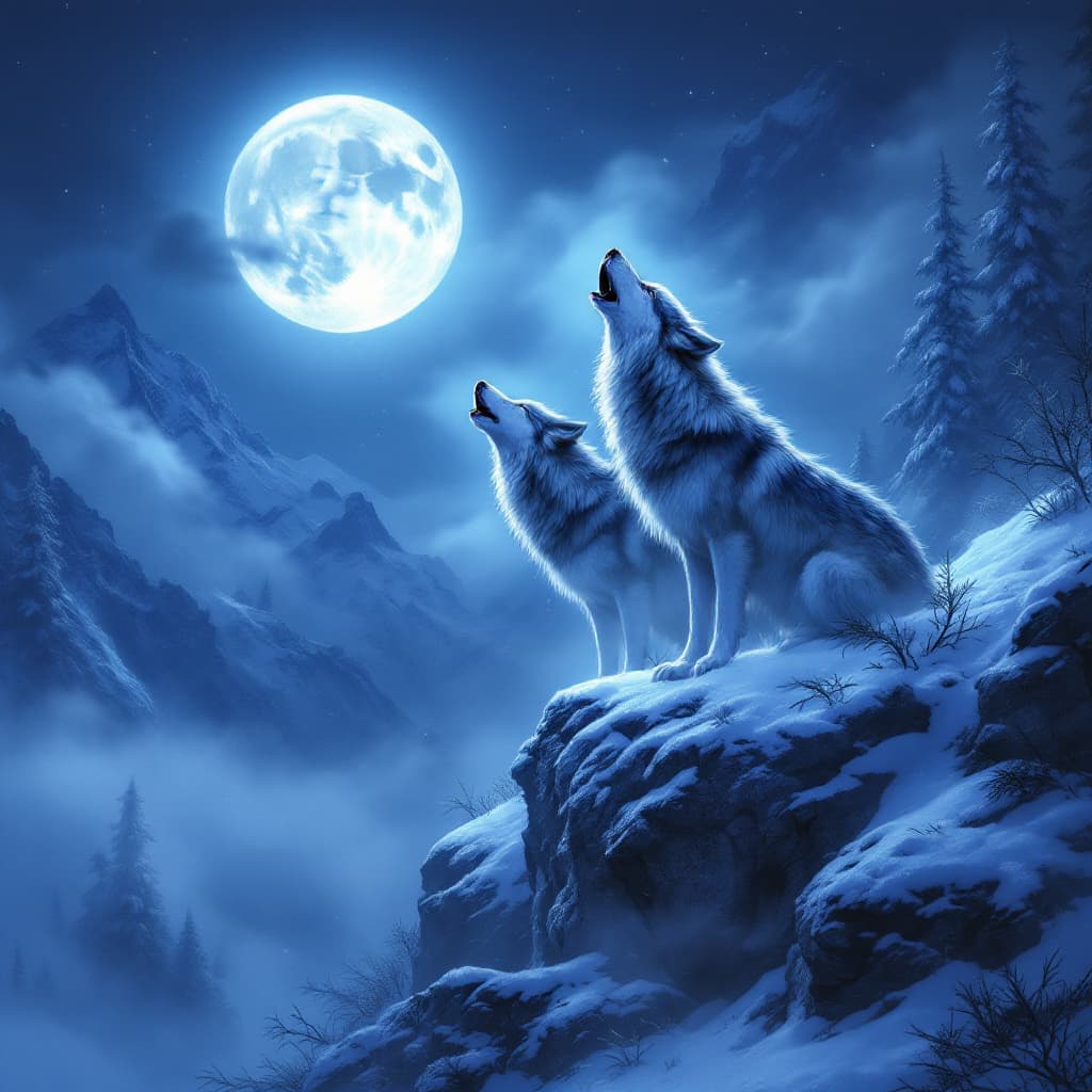 AI generated: 23.	a pair of wolves howling on a snowy cliff under a full moon, detailed fur and breath mist --v 7 ...