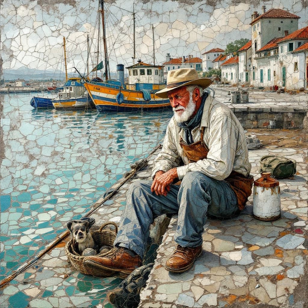 AI generated: A mosaic mural of an old fisherman sitting by the docks, rendered in chipped ceramic and worn sea-gr...