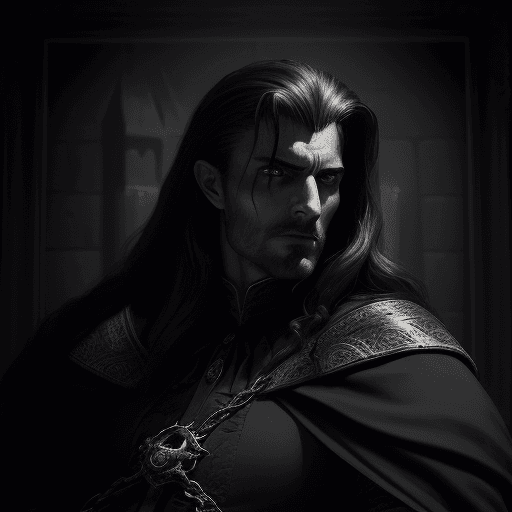 AI generated: Hyper-realistic portrait of Lord Alcaron, the malevolent mage-tyrant, depicted in a brooding castle ...