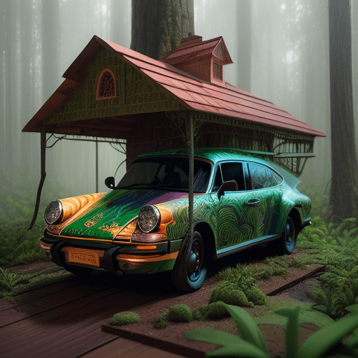 AI generated: a 911 wooden porch car that looks like a vegetable, in the style of filip hodas, daz3d, sandy skoglu...