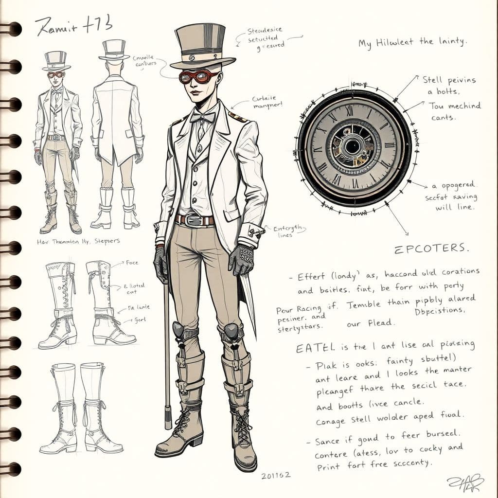 AI generated: A work-in-progress concept art of a steampunk man, with a sketchbook-like aesthetic. The image inclu...