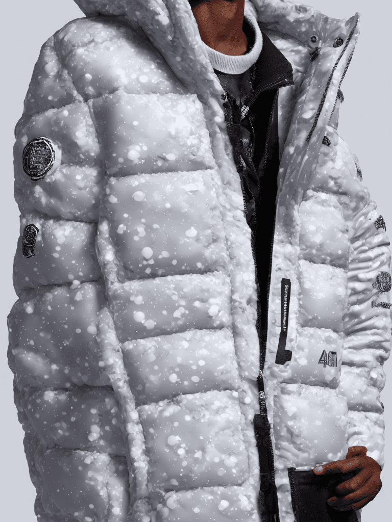 AI generated: milky Fubu winter puffer jacket, design trend, design by kanye west, on a white background, octane, ...