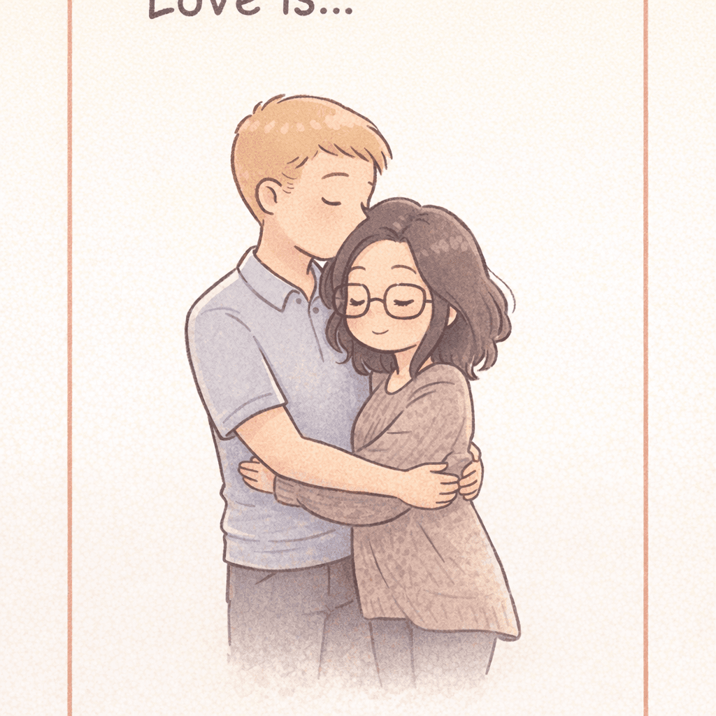 AI generated: An illustration in the classic 'Love is...' card style. A vertical, rectangular digital art piece wi...