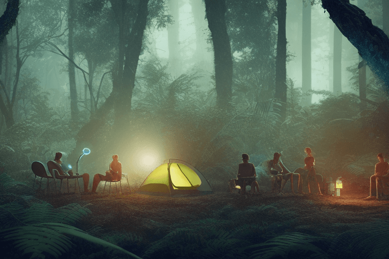 AI generated: Dark night time campsite, with a few explorers with scientific gear, resting and relaxing in a dense...