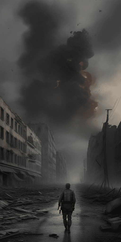 AI generated: 4k, ultra quality, realistic, horrors after World War III, ruined world, ruined buildings, terror, 