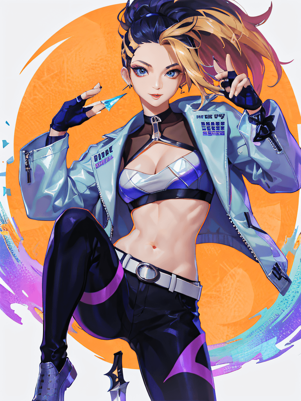 AI generated: sky, field, grass, (((kda all out akali))), akali, k/da \(league of legends\), cowboy shot, high det...