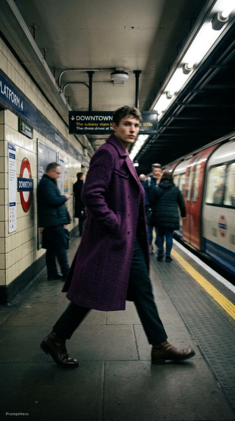 AI generated: fashion editorial photography, motion blur, male model, wearing an wool coat, deep purple color, wal...