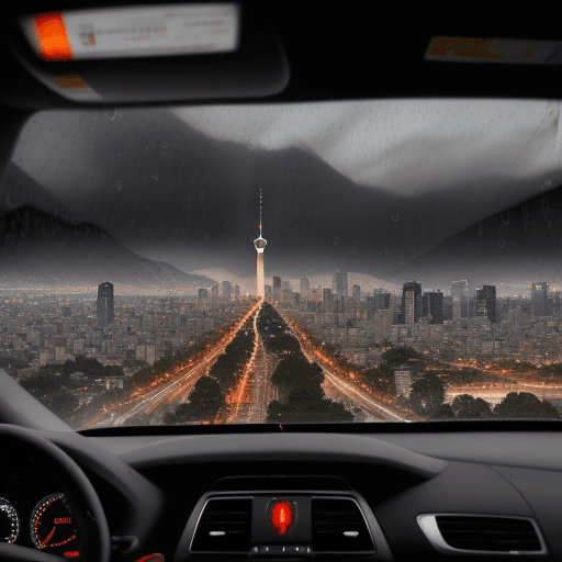 AI generated: Santiago of Chile, rush hour traffic, pollution and raining, from a car view point, detailed and eve...
