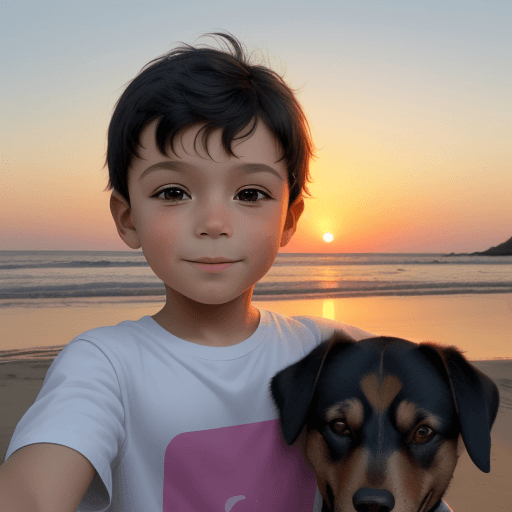 AI generated: a five-year-old boy takes a selfie with a dog, sunset --ar 3:2 --v 5.2