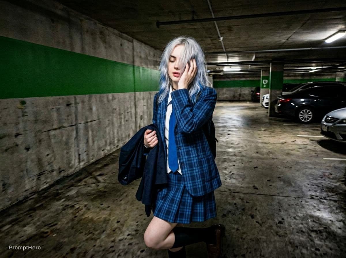 AI generated: {
  "subject": {
    "description": "A young adult woman in a blue plaid school-uniform style outfit...