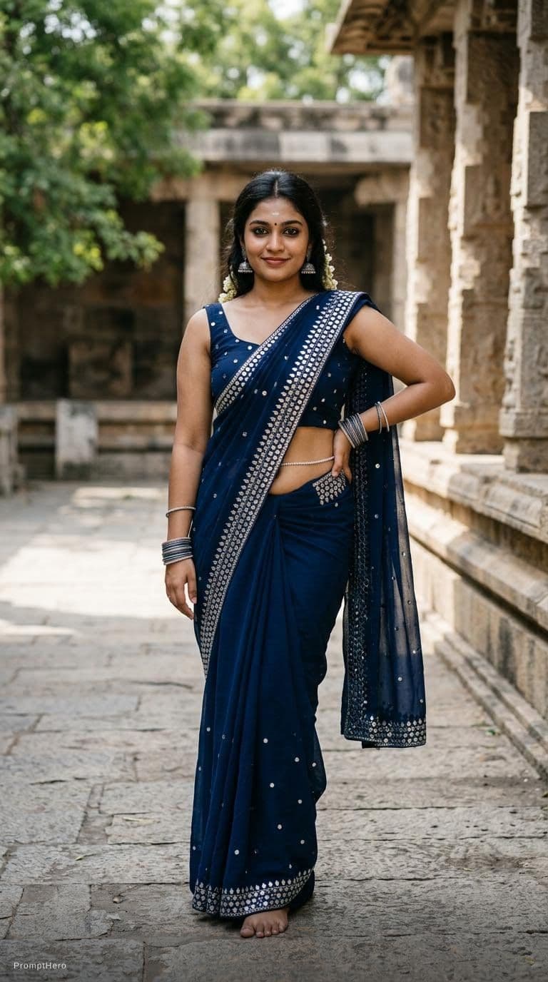 AI generated: Tamil girl. modern sexy glossy mirror saree, wearing saree saree saree model. glossy mirror saree Na...