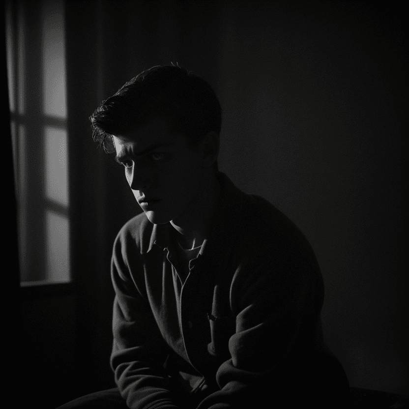 AI generated: A ((best quality)) portrait of a very lonely and sad young man. He is sitting alone in a dimly lit r...