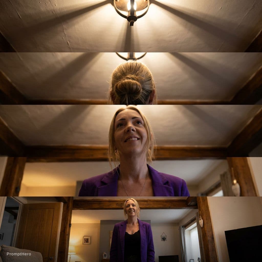 AI generated: High angle tilt down, top lighting, descending perspective, dramatic reveal, suspenseful movement. T...