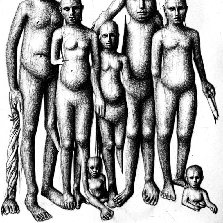 AI generated: Ancient family, Pencil drawing, designed very badly, like a madman, iconcluente design, violent scri...