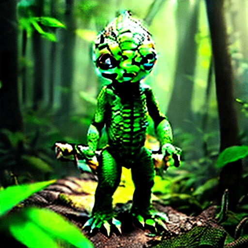 AI generated: Photorealistic image of a small intelligent humanoid reptile alien standing in a open forest, with t...