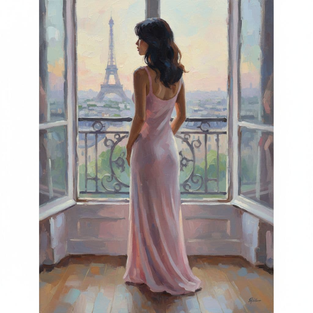 AI generated: impressionist painting of an Asian woman with shoulder length hair, pink Skims dress, looking out th...