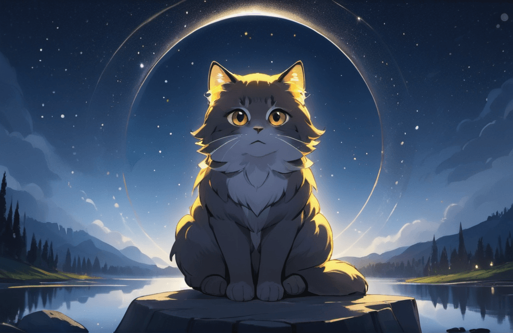 AI generated: ('young 1cat':1.2) with 'dark grey fur with white streaks', (symmetric face: 1.1), wise round golden...