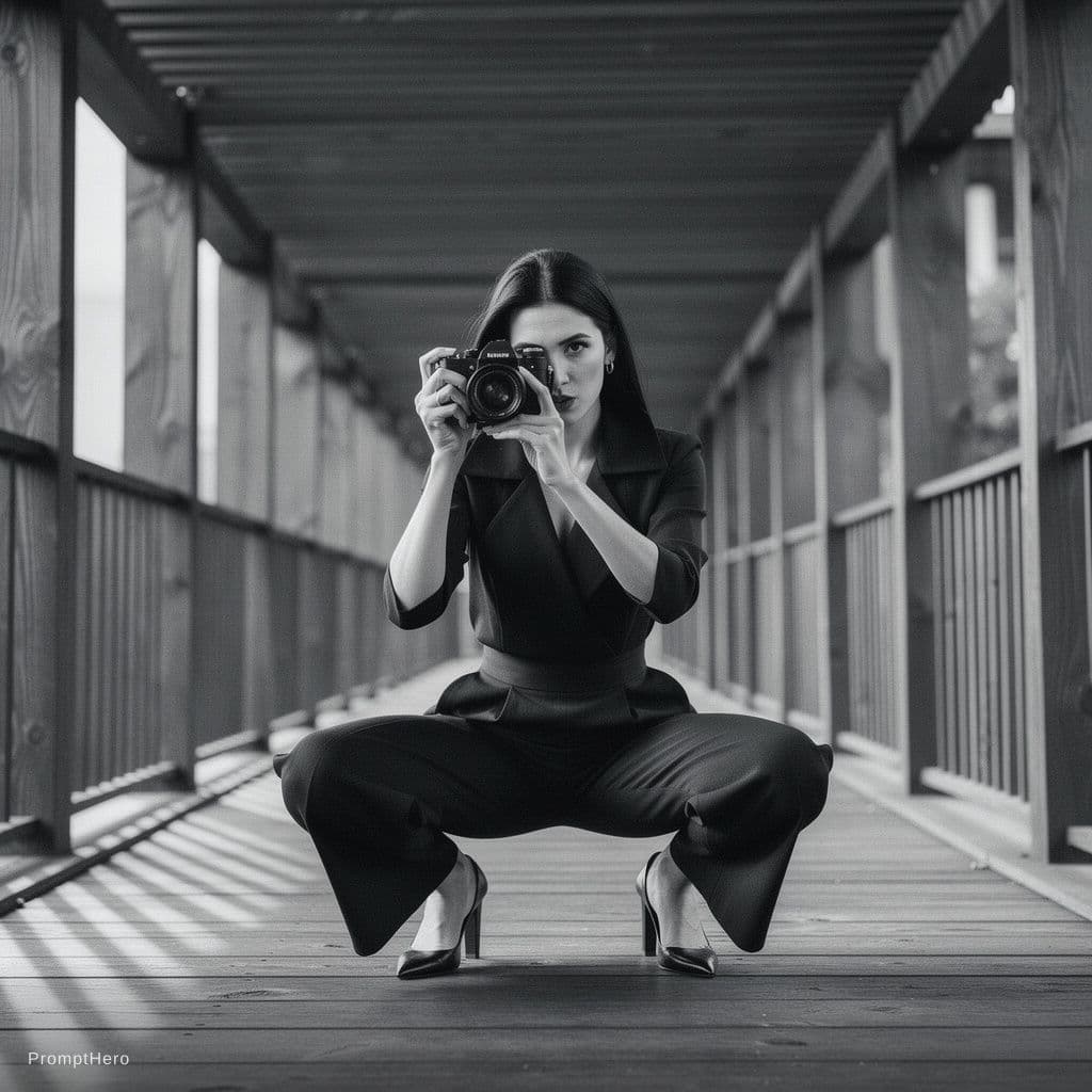 AI generated: High-contrast black and white full-body photograph of a glamorous woman in a low, athletic squatting...
