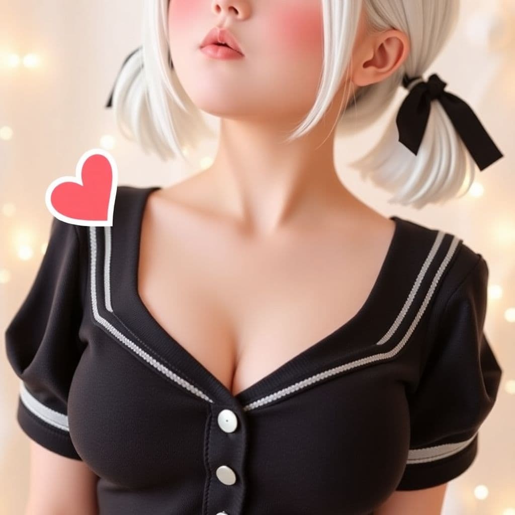 AI generated: boobs top, cleavage, twin tails, pigtails, winking face, pfp, small boobs, white christmas backgroun...