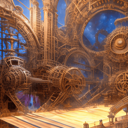 AI generated: Giant fantasy machinery made of orchestra instruments, intricate metalwork, high fantasy, dramatic l...