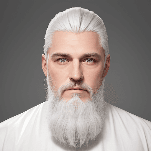 AI generated: Photograph, man, model, minimalist, white and silver hair, beard, solid white, studio lights