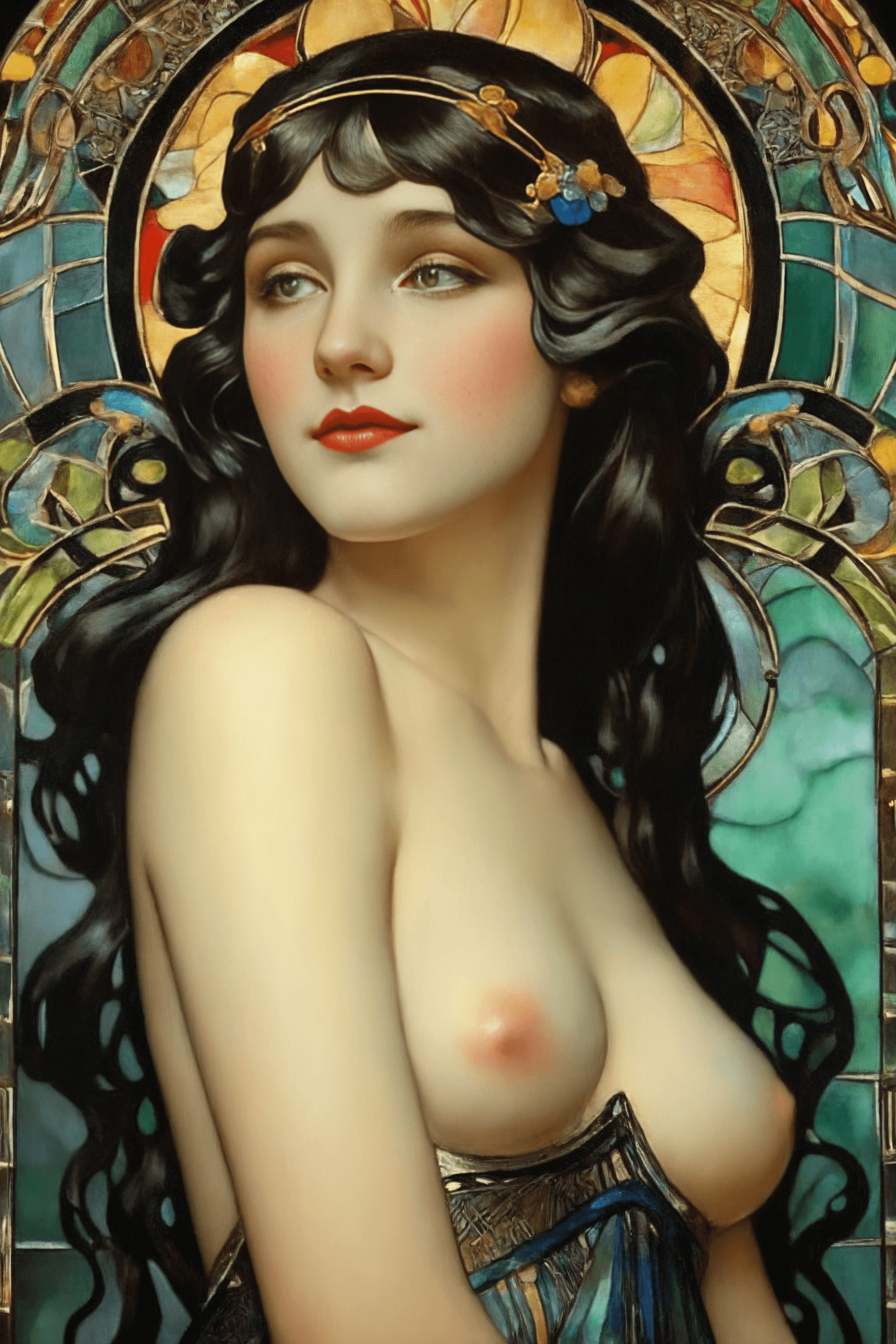 AI generated: (realistic) oil on cavass, painting ,tall thin teen girl, ( full body:1.3), Cthulhu behind the girl ...
