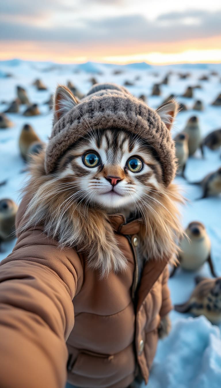AI generated: In the snow, there is an ice field with many seals standing on it. A real cute baby cat wearing a br...