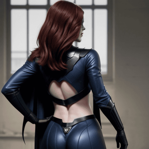 AI generated: Rose Leslie dressed batgirl, shown from behind.