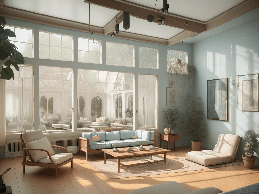 AI generated: High resolution photography interior design, dreamy sunken living room conversation pit, wooden floo...
