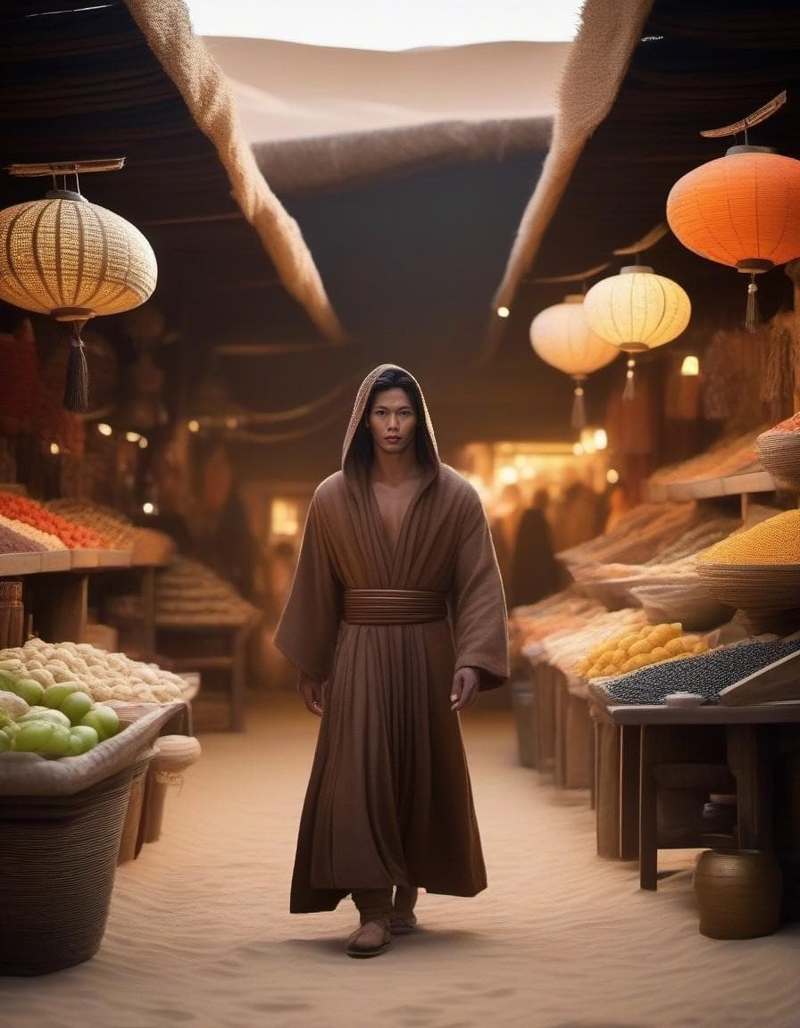 AI generated: A serious and brave female jedi walking through a market in Tatooine, wearing a hooded robe, --ar 4:...