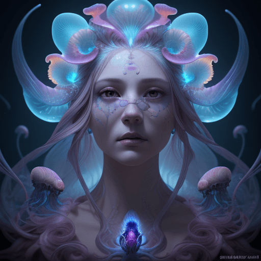 AI generated: Goddess close-up portrait ribcagel. jellyfish phoenix head, nautilus, orchid, skull, betta fish, bio...
