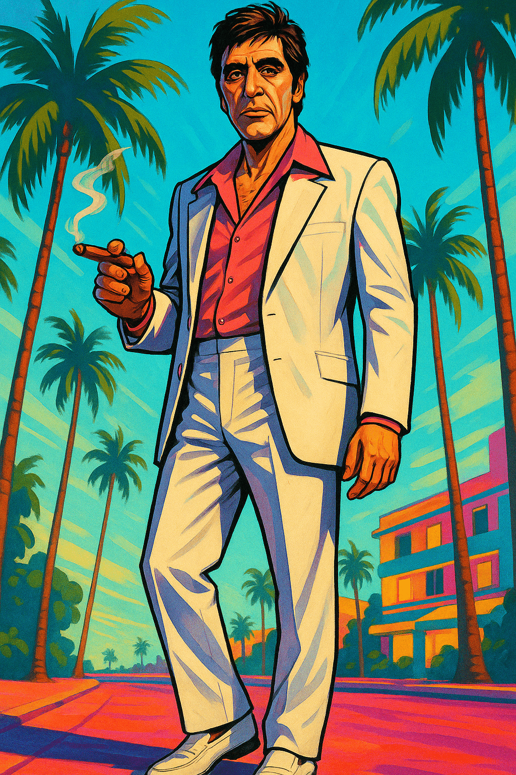 AI generated: Full-body illustration of Al Pacino in a stylized 1980s Miami setting. He's wearing a pink wide-coll...