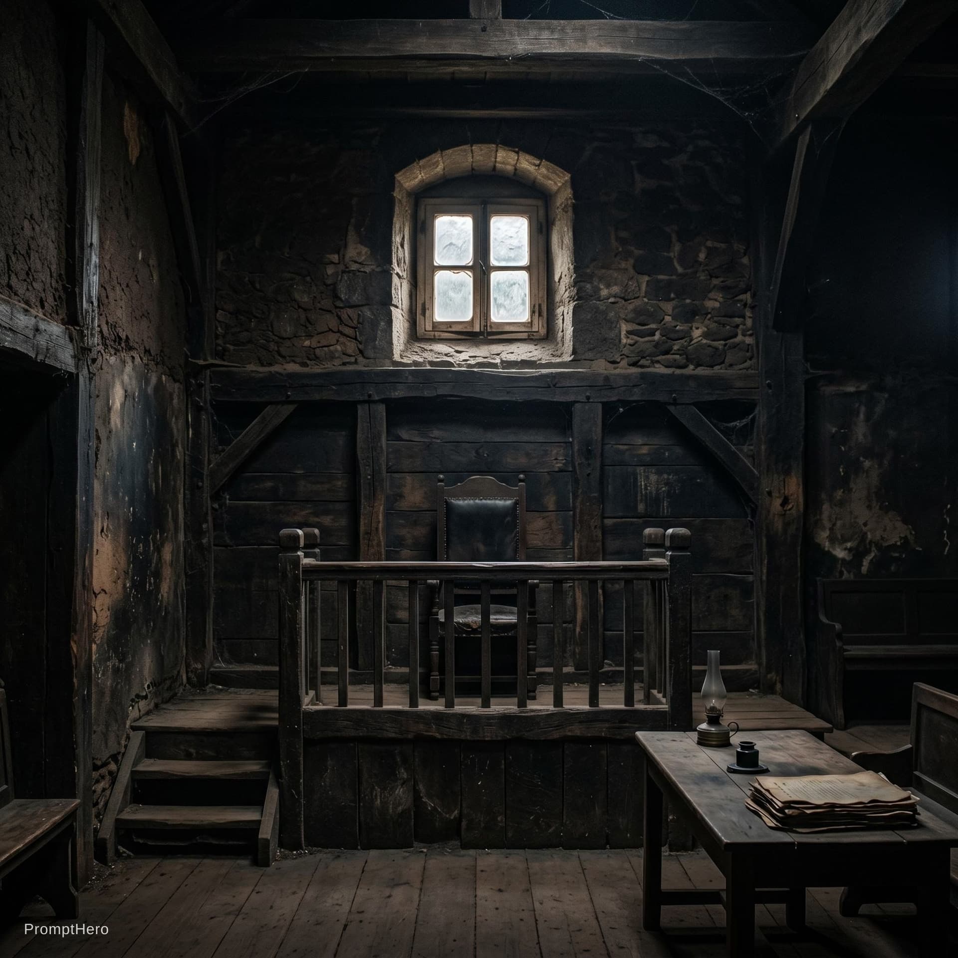 AI generated: dark courtroom background 1829  madagascar court dark brown dark black tones. photo realistic. no pe...