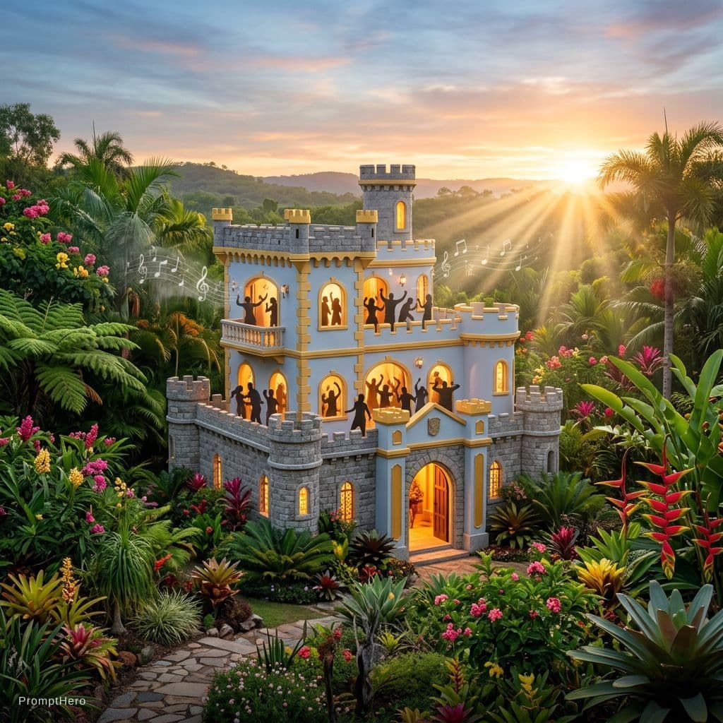 AI generated: The small castle is brilliantly designed in soft light blue, bright gold, and grey stone. A vibrant ...