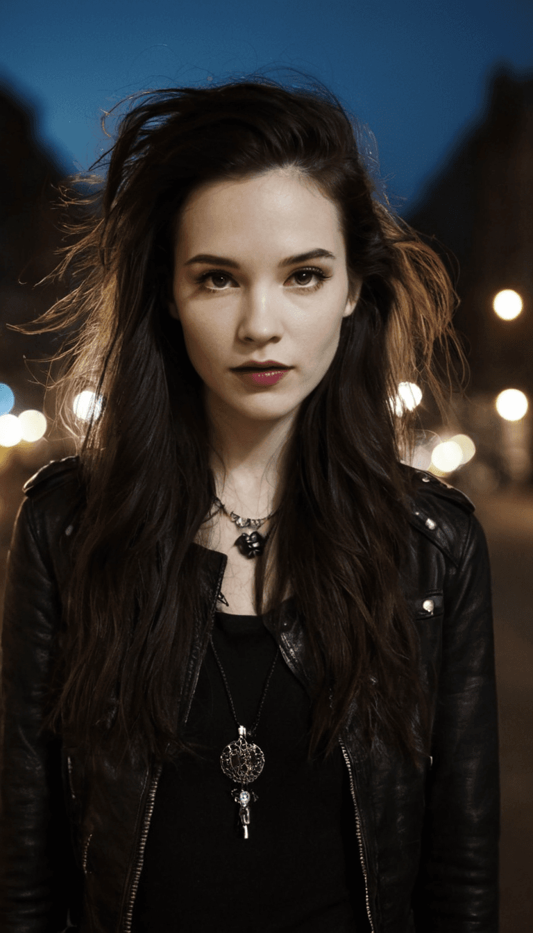 AI generated: fashion editorial, a close portrait of beautiful darkhaired woman in leather jacket on city street a...