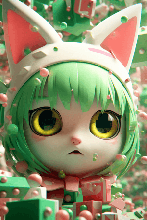 AI generated: 3d 32-bit typography anime, nft, Hello Kitty, geometric patterns, vibrant eyes, pastel color palette...