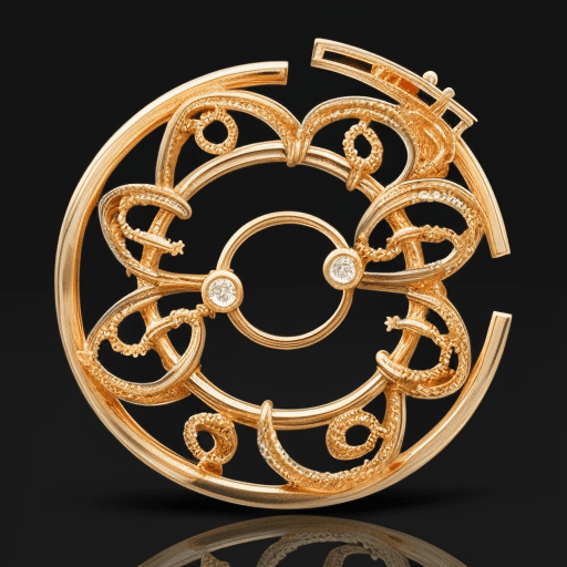 AI generated: spiralbroken 
hoop intricate lapel pin gold with colored diamonds
