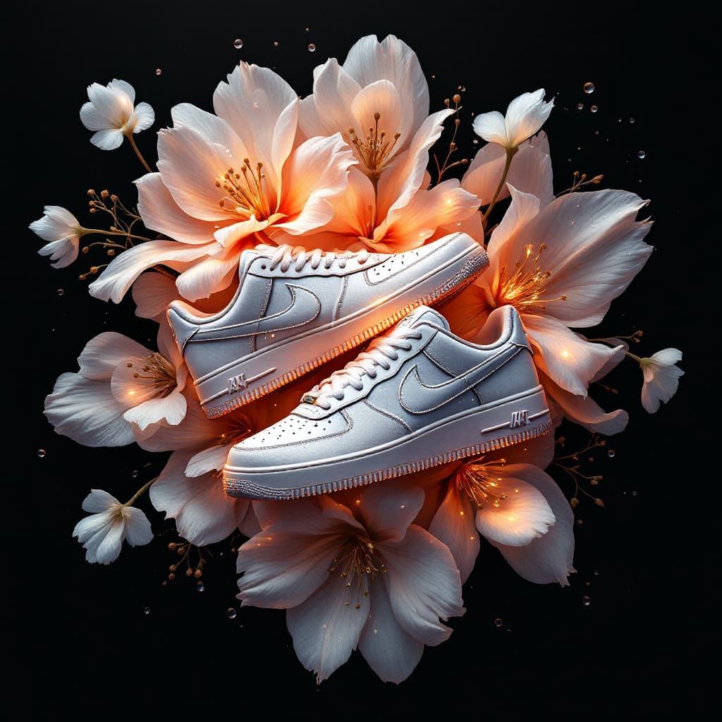 AI generated: An artistic and highly detailed illustration of a pair of Nike sneakers arranged with an almost surr...
