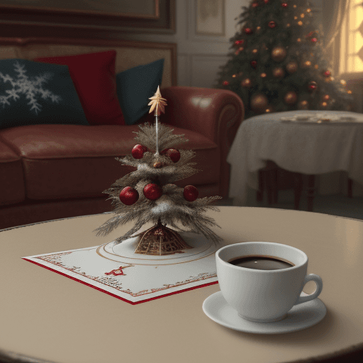 AI generated: christmas-themed postcard on a table next to a cup of coffee and a half eaten cookie, in an upscale ...