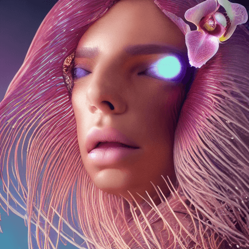 AI generated: Goddess close-up portrait ribcagel. jellyfish phoenix head, nautilus, orchid, skull, betta fish, bio...