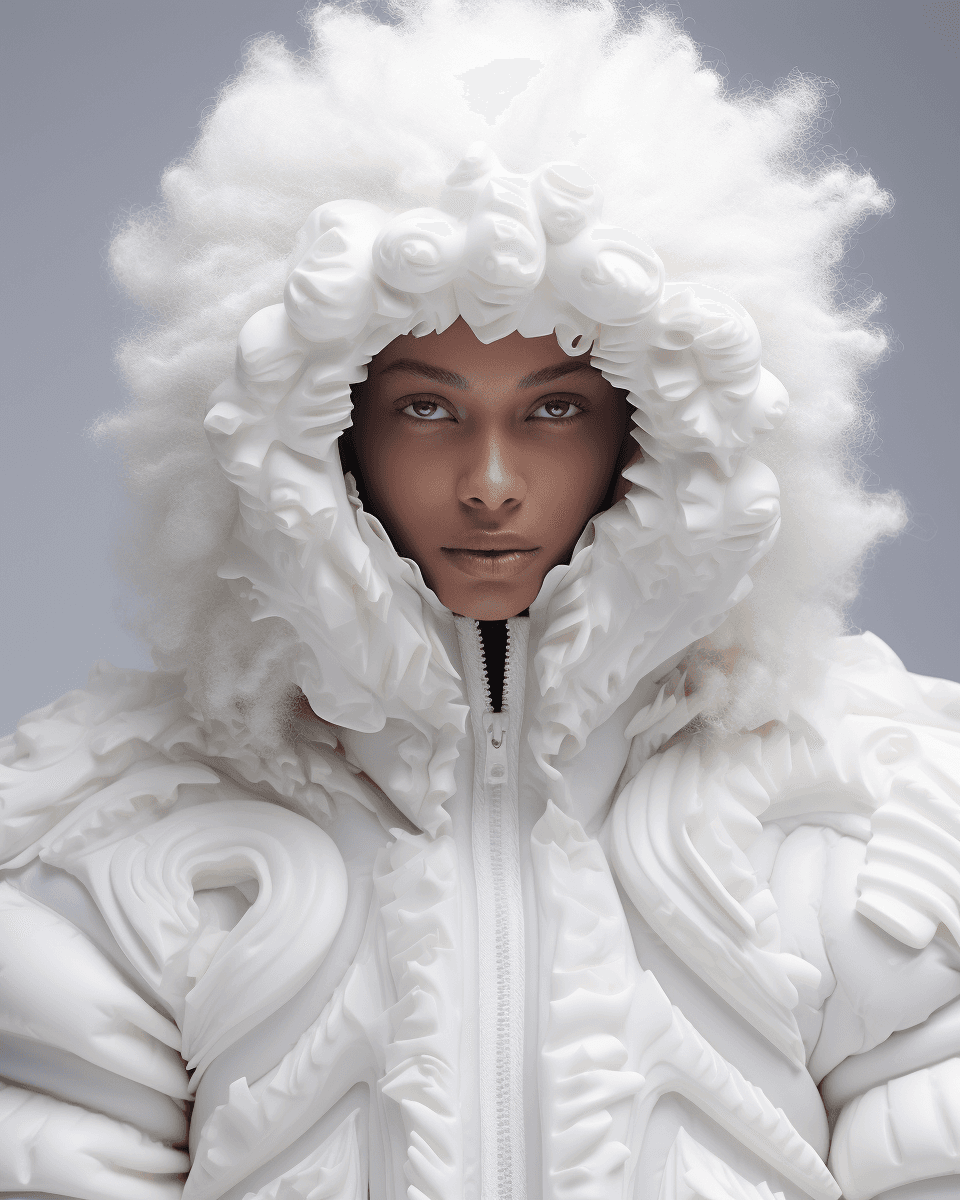 AI generated: beautifull afro 26 y.o girl, model, white hair in milky adidas winter puffer jacket, design trend, d...