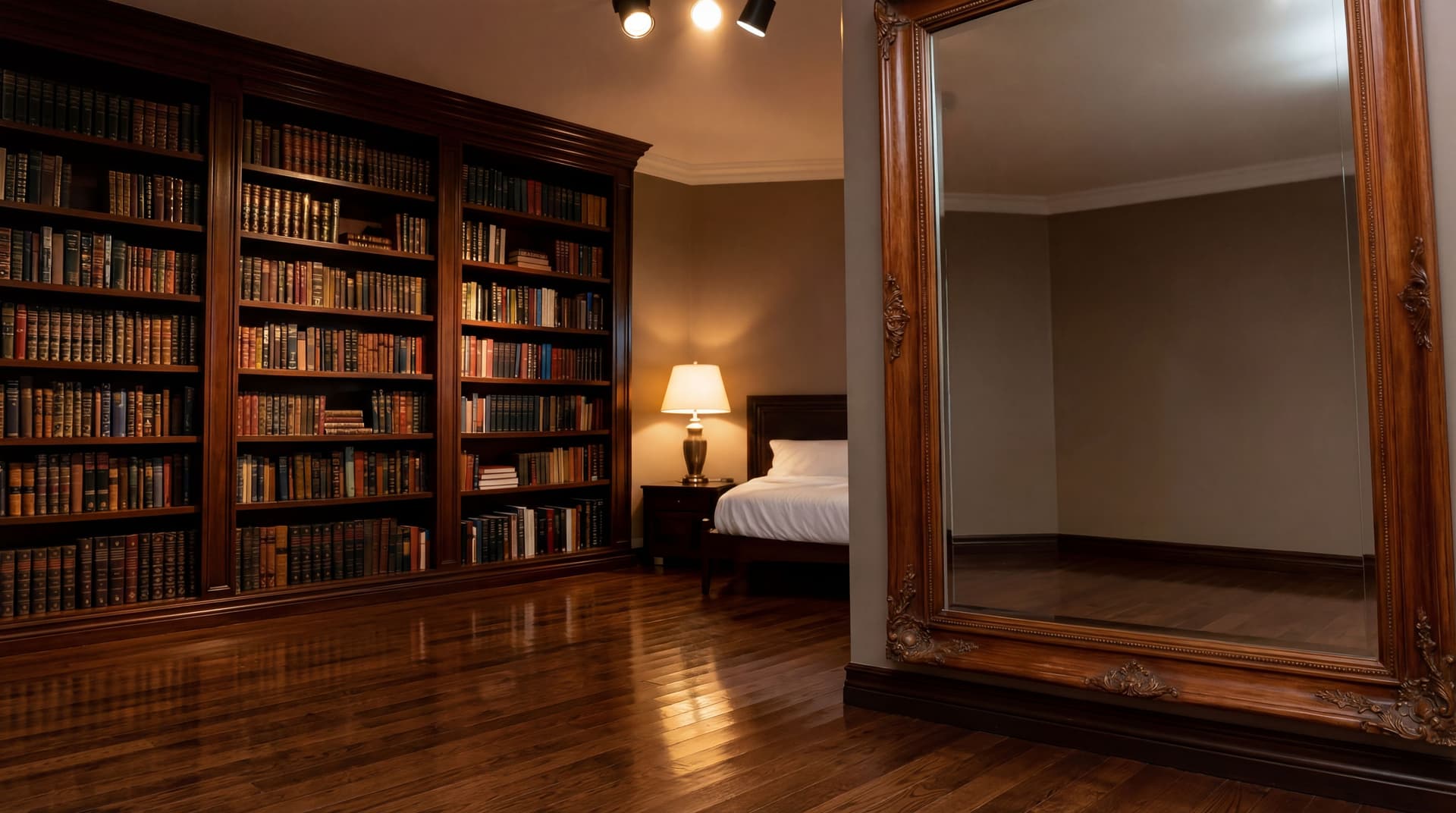 AI generated: Luxurious bedroom. Same image. Expand the room with a large bookshelf and beautiful shinning wood fl...