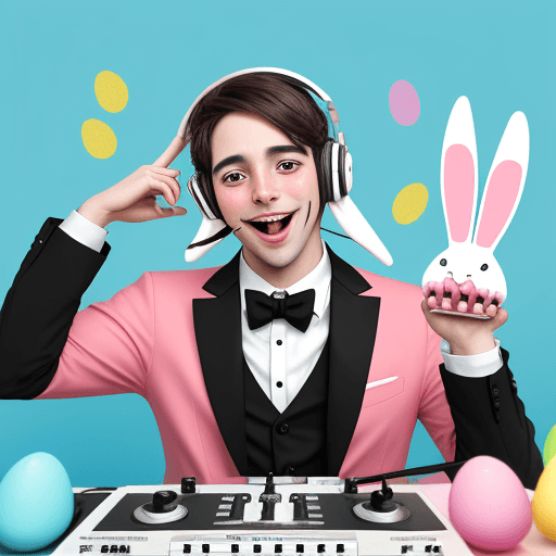 AI generated: Penguin DJ with his headset and matching bunny ears celebrating Easter