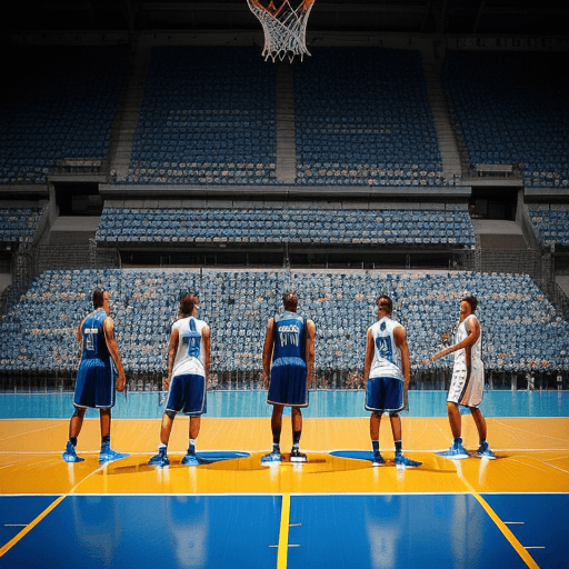 AI generated: 5 jugadores adultos del mismo equipo, en la cancha, jugando basquetbol, uno encesta, una cancha muy ...
