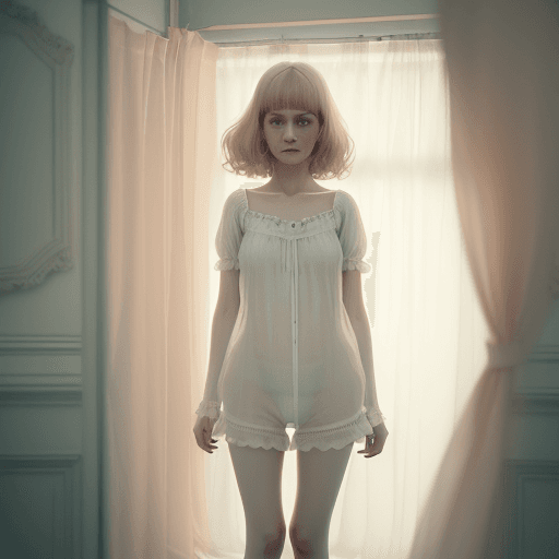 AI generated: a woman wearing a nightie and shorts standing in bedroom, in the style of Oleg Oprisco, video, Jocel...