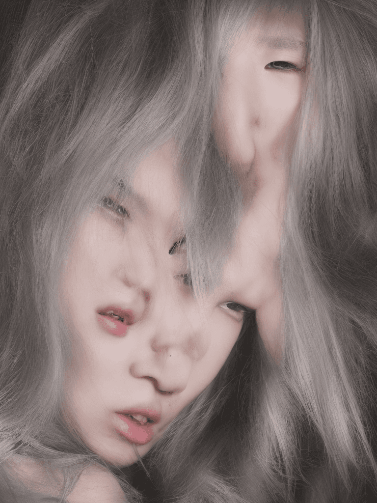 AI generated: medium-length white hair, a young South Korean girl wearing pink lingerie, a proportional body, a hi...