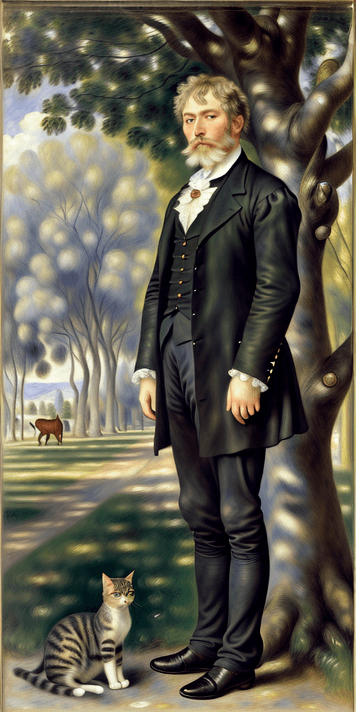 AI generated: Full height side view Portrait of old Pierre-Auguste Renoir  standing near a tree and looking at the...